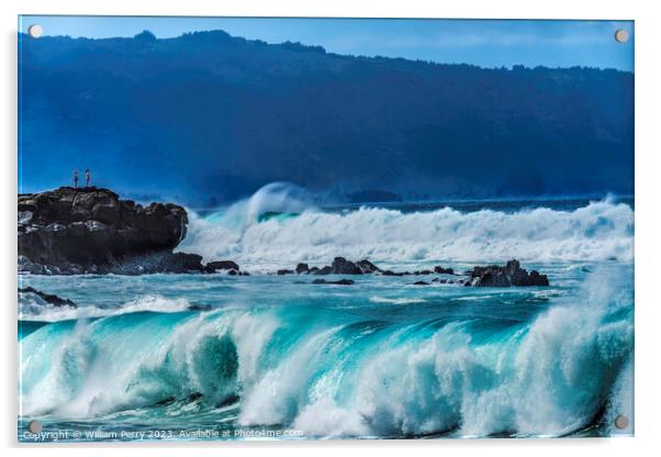 Watching Large Waves Rocks Waimea Bay North Shore Oahu Hawaii Acrylic by William Perry