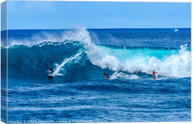 Surfers Large Wave Waimea Bay North Shore Oahu Hawaii Canvas Print by William Perry