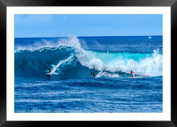 Surfers Large Wave Waimea Bay North Shore Oahu Hawaii Framed Mounted Print by William Perry