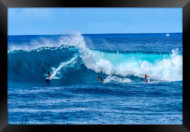 Surfers Large Wave Waimea Bay North Shore Oahu Hawaii Framed Print by William Perry
