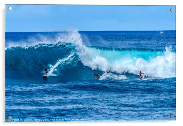 Surfers Large Wave Waimea Bay North Shore Oahu Hawaii Acrylic by William Perry
