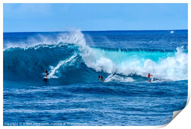 Surfers Large Wave Waimea Bay North Shore Oahu Hawaii Print by William Perry