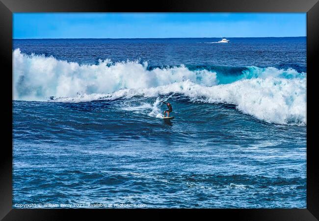 Surfer Large Wave Waimea Bay North Shore Oahu Hawaii Framed Print by William Perry