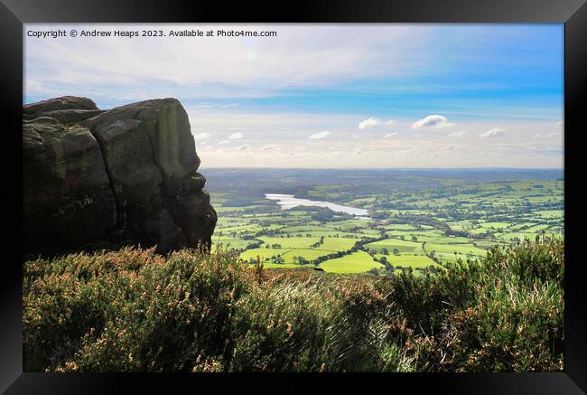 Tittersworth reservoir from the Roaches rocks Framed Print by Andrew Heaps