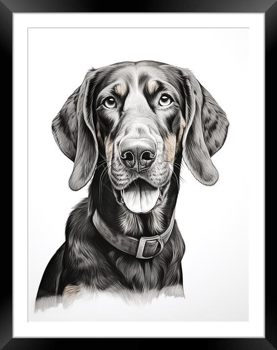 Black And Tan Coonhound Pencil Drawing Framed Mounted Print by K9 Art