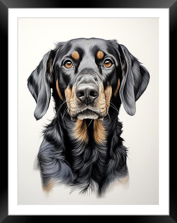 Black And Tan Coonhound Pencil Drawing Framed Mounted Print by K9 Art