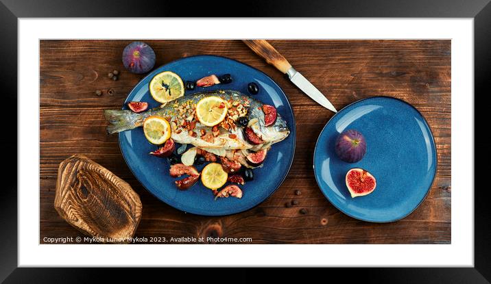 Baked sea bream dorada fish with figs. Framed Mounted Print by Mykola Lunov Mykola