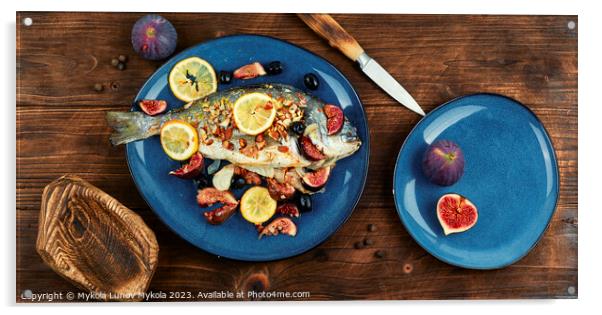 Baked sea bream dorada fish with figs. Acrylic by Mykola Lunov Mykola