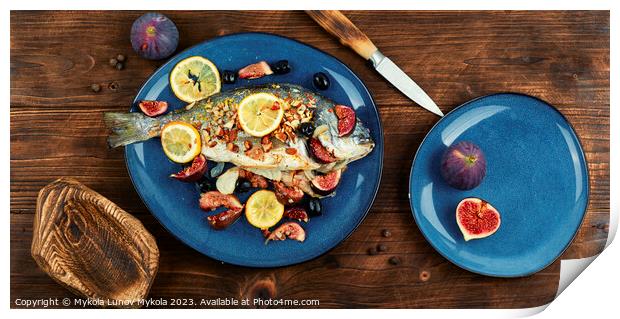 Baked sea bream dorada fish with figs. Print by Mykola Lunov Mykola