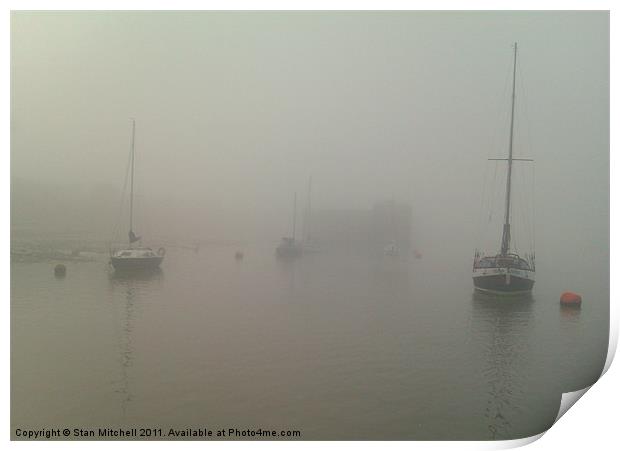 yachts moored in fog Print by Stan Mitchell