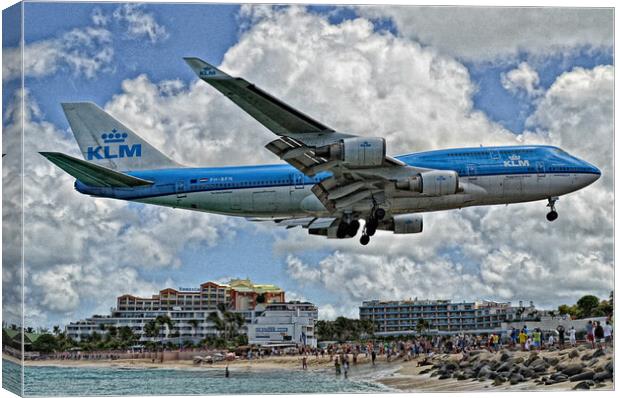 KLM B747 over Maho, Sint Maarten Canvas Print by Allan Durward Photography