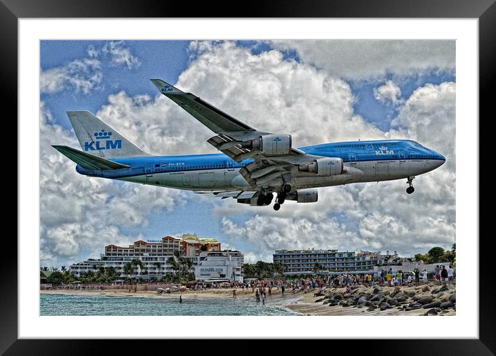 KLM B747 over Maho, Sint Maarten Framed Mounted Print by Allan Durward Photography