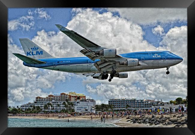 KLM B747 over Maho, Sint Maarten Framed Print by Allan Durward Photography