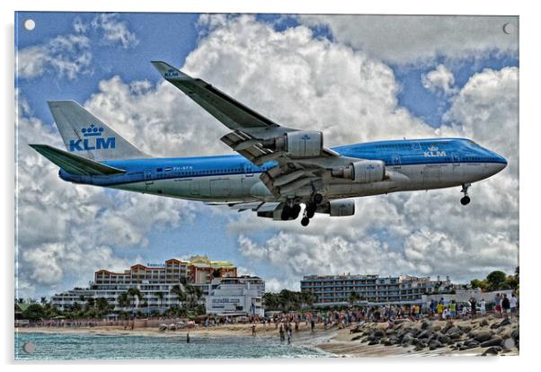 KLM B747 over Maho, Sint Maarten Acrylic by Allan Durward Photography