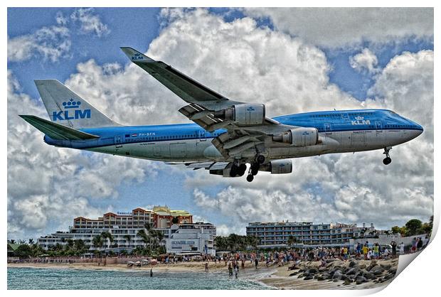 KLM B747 over Maho, Sint Maarten Print by Allan Durward Photography