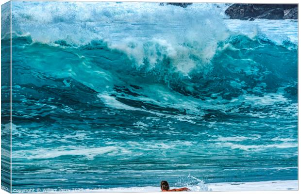 Surfer Paddling Out Wave Waimea Bay North Shore Oahu Hawaii Canvas Print by William Perry