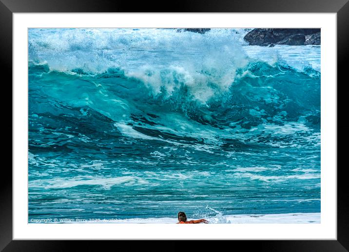 Surfer Paddling Out Wave Waimea Bay North Shore Oahu Hawaii Framed Mounted Print by William Perry