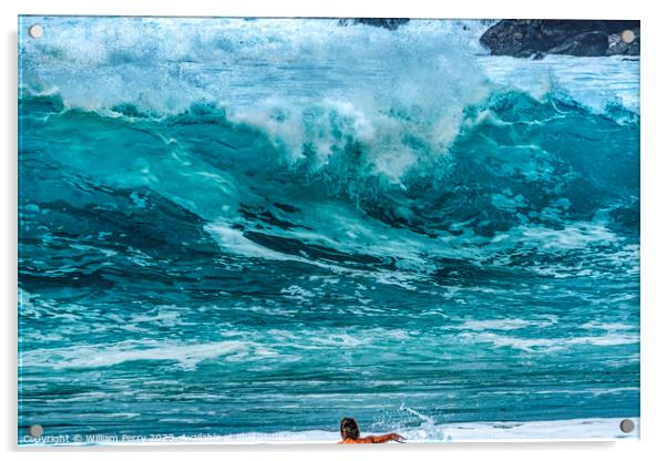 Surfer Paddling Out Wave Waimea Bay North Shore Oahu Hawaii Acrylic by William Perry