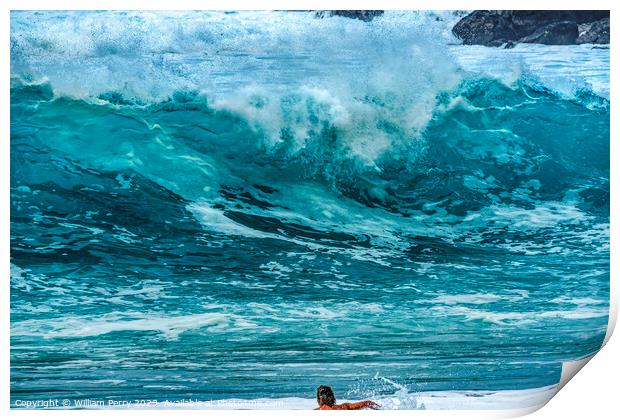 Surfer Paddling Out Wave Waimea Bay North Shore Oahu Hawaii Print by William Perry