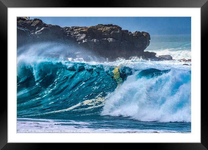 Colorful Large Wave Rocks Waimea Bay North Shore Oahu Hawaii Framed Mounted Print by William Perry