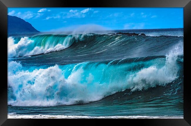 Colorful Large Waves Waimea Bay North Shore Oahu Hawaii Framed Print by William Perry