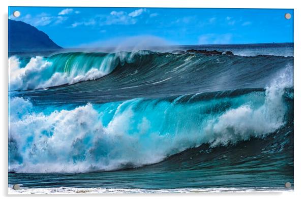 Colorful Large Waves Waimea Bay North Shore Oahu Hawaii Acrylic by William Perry