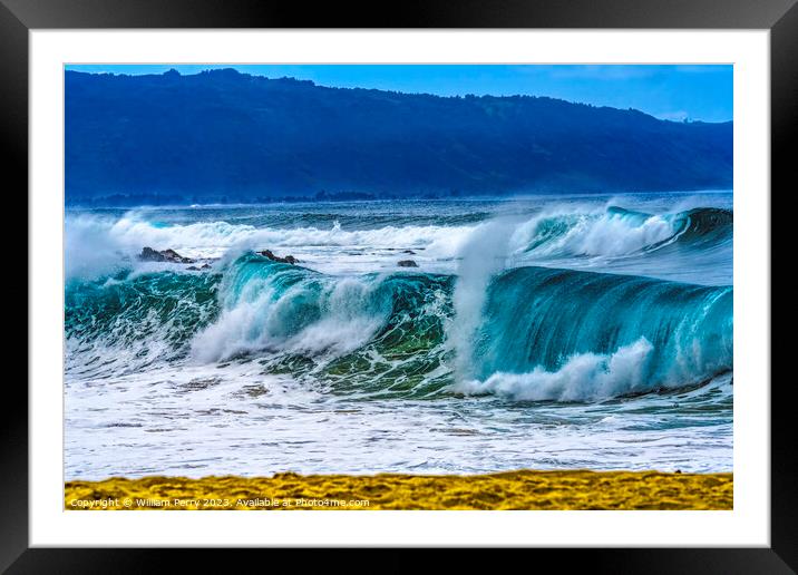 Colorful Beach Large Wave Waimea Bay North Shore Oahu Hawaii Framed Mounted Print by William Perry