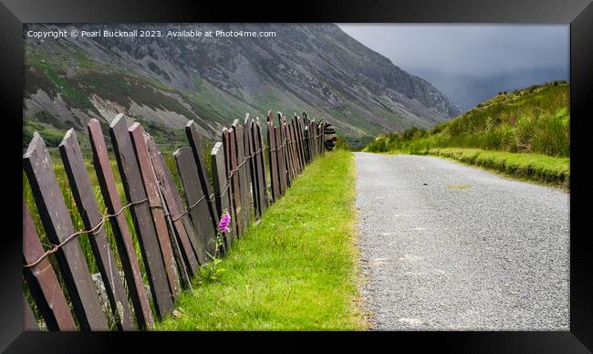 Fence Leading up the Valley in Snowdonia pano Framed Print by Pearl Bucknall