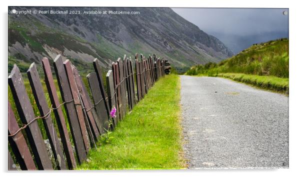 Fence Leading up the Valley in Snowdonia pano Acrylic by Pearl Bucknall