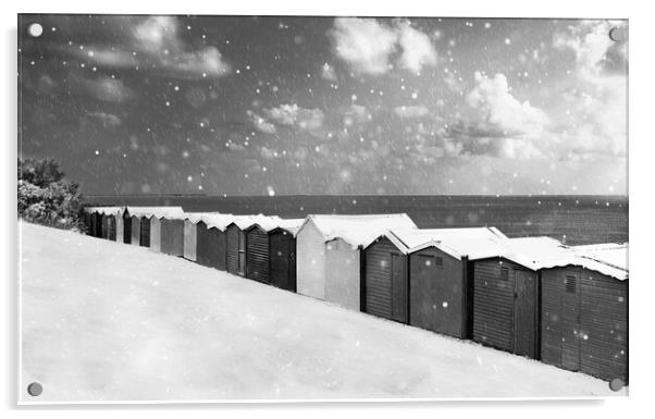 Pretty Beach huts in the snow at Frinton  Acrylic by Paula Tracy