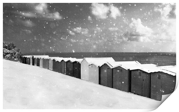 Pretty Beach huts in the snow at Frinton  Print by Paula Tracy