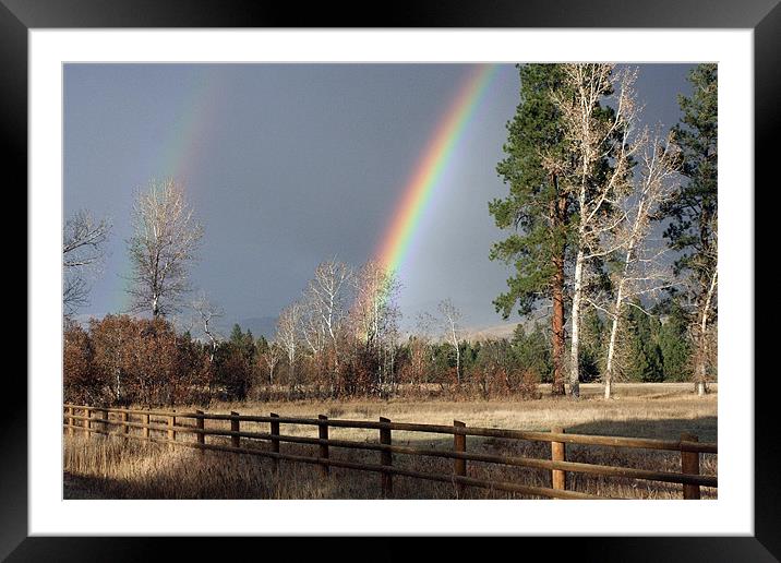 Rainbow in Montana Framed Mounted Print by Larry Stolle