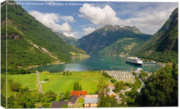 Geiranger Fjord and Village Norway Canvas Print by Pearl Bucknall