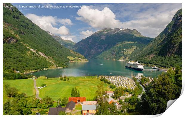 Geiranger Fjord and Village Norway Print by Pearl Bucknall