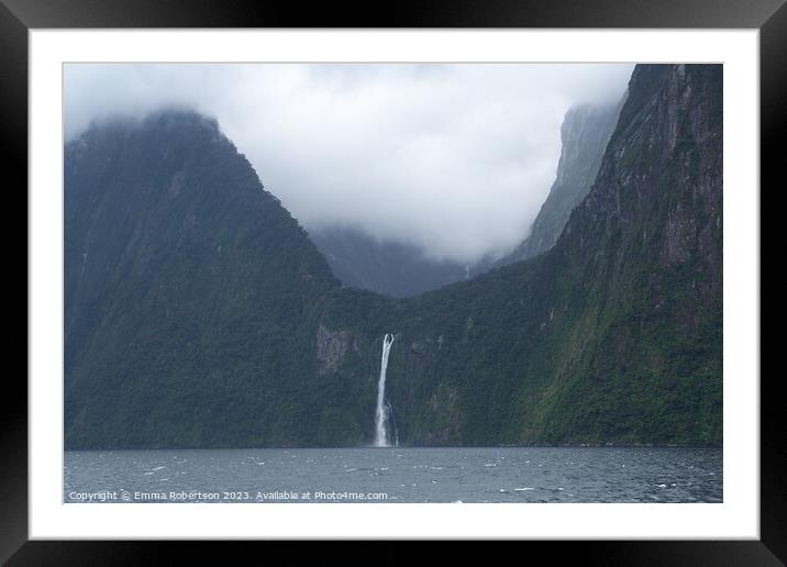 U-shaped valley with waterfall, Milford Sound, New Zealand Framed Mounted Print by Emma Robertson