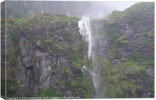 Hanging waterfall, Milford Sound, New Zealand Canvas Print by Emma Robertson