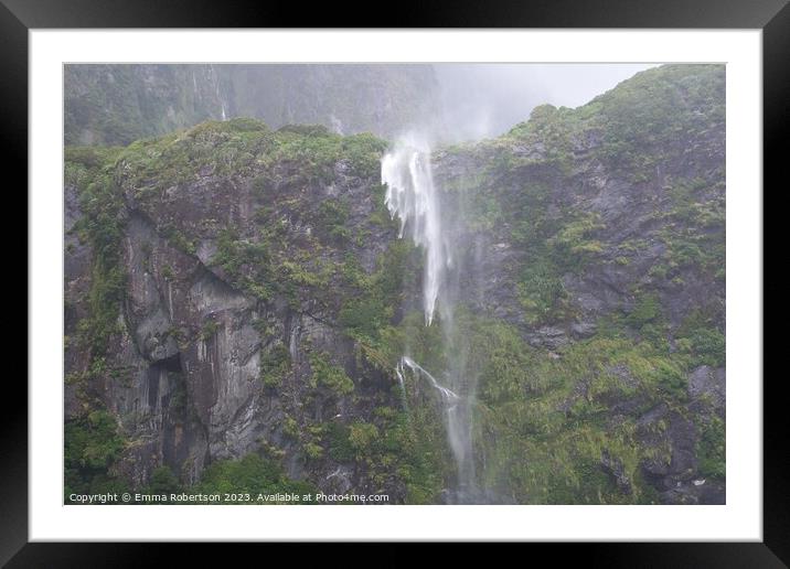 Hanging waterfall, Milford Sound, New Zealand Framed Mounted Print by Emma Robertson