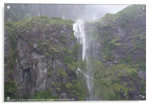Hanging waterfall, Milford Sound, New Zealand Acrylic by Emma Robertson