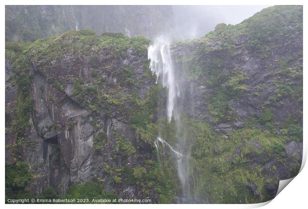 Hanging waterfall, Milford Sound, New Zealand Print by Emma Robertson
