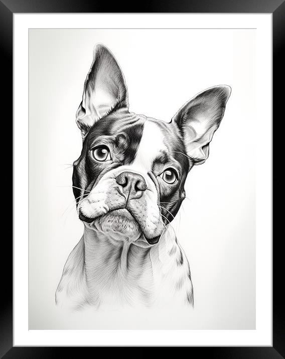 Boston Terrier Pencil Drawing Framed Mounted Print by K9 Art