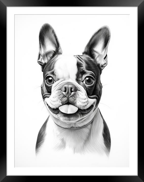 Boston Terrier Pencil Drawing Framed Mounted Print by K9 Art
