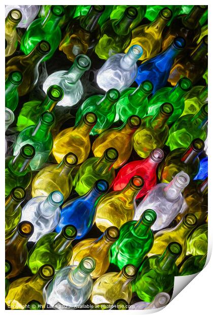 A collection of many coloured wine bottles Print by Phil Lane