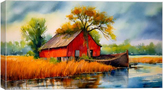 Red Barn by the River Canvas Print by Mike Shields