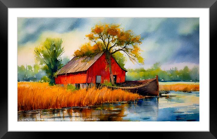 Red Barn by the River Framed Mounted Print by Mike Shields