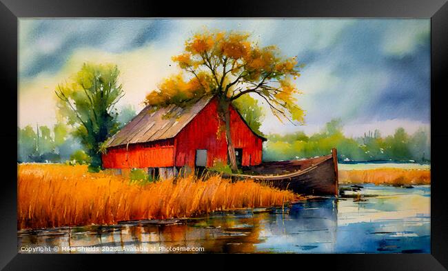 Red Barn by the River Framed Print by Mike Shields