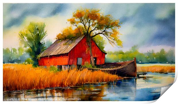 Red Barn by the River Print by Mike Shields