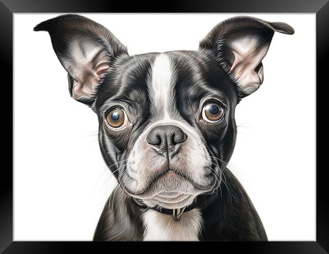 Boston Terrier Pencil Drawing Framed Print by K9 Art
