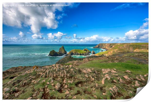 A walk along the clifftop at Kynance Cove, Cornwall Print by Derek Daniel