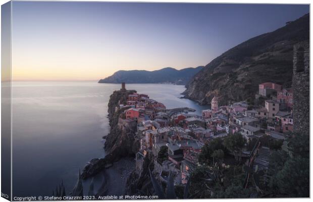 Blue hour over Vernazza village, view after sunset. Cinque Terre Canvas Print by Stefano Orazzini