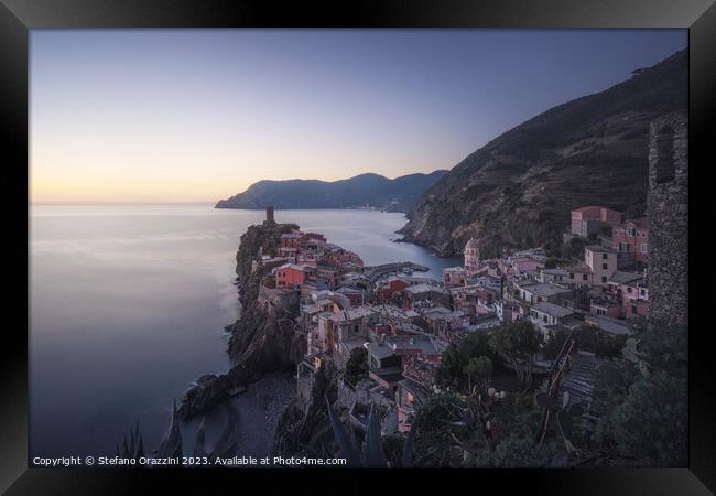 Blue hour over Vernazza village, view after sunset. Cinque Terre Framed Print by Stefano Orazzini